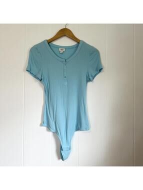 Jenni Intimates Blue Short Sleeve Button Up Ribbed Bodysuit One Piece Women's XL
